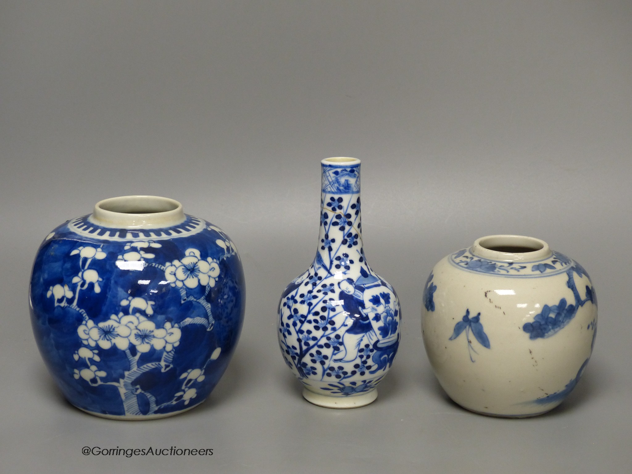 A Chinese blue and white 'ladies' jar, a 'boys' vase and a prunus jar, late 19th / early 20th century, tallest 15cm